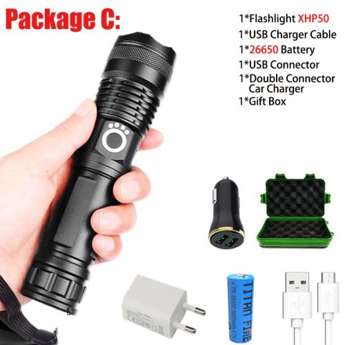T20 Super Bright XHP90/XHP70 LED Flashlight High Lumens Zoomable Rechargeable Power Display Powerful Torch 26650 Handheld Light