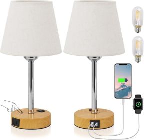 Bedside Table Lamps Set of 2 -LED Bulbs Included, Touch Control Lamp with USB C+A Charging Ports & AC Outlet, 3-Way Dimmable (Lampshade Color: Beige)