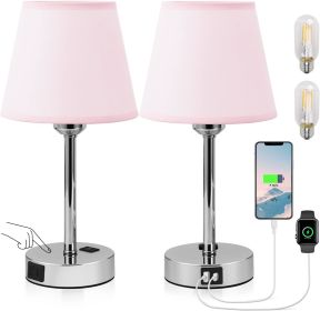 Bedside Table Lamps Set of 2 -LED Bulbs Included, Touch Control Lamp with USB C+A Charging Ports & AC Outlet, 3-Way Dimmable (Lampshade Color: Pink)